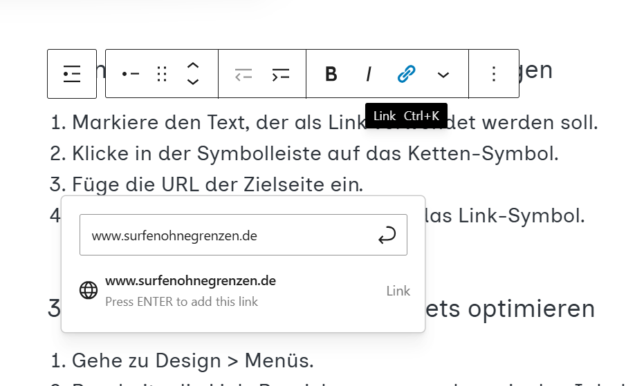 Screenshot Wie erstelle ich Links in Gutenberg